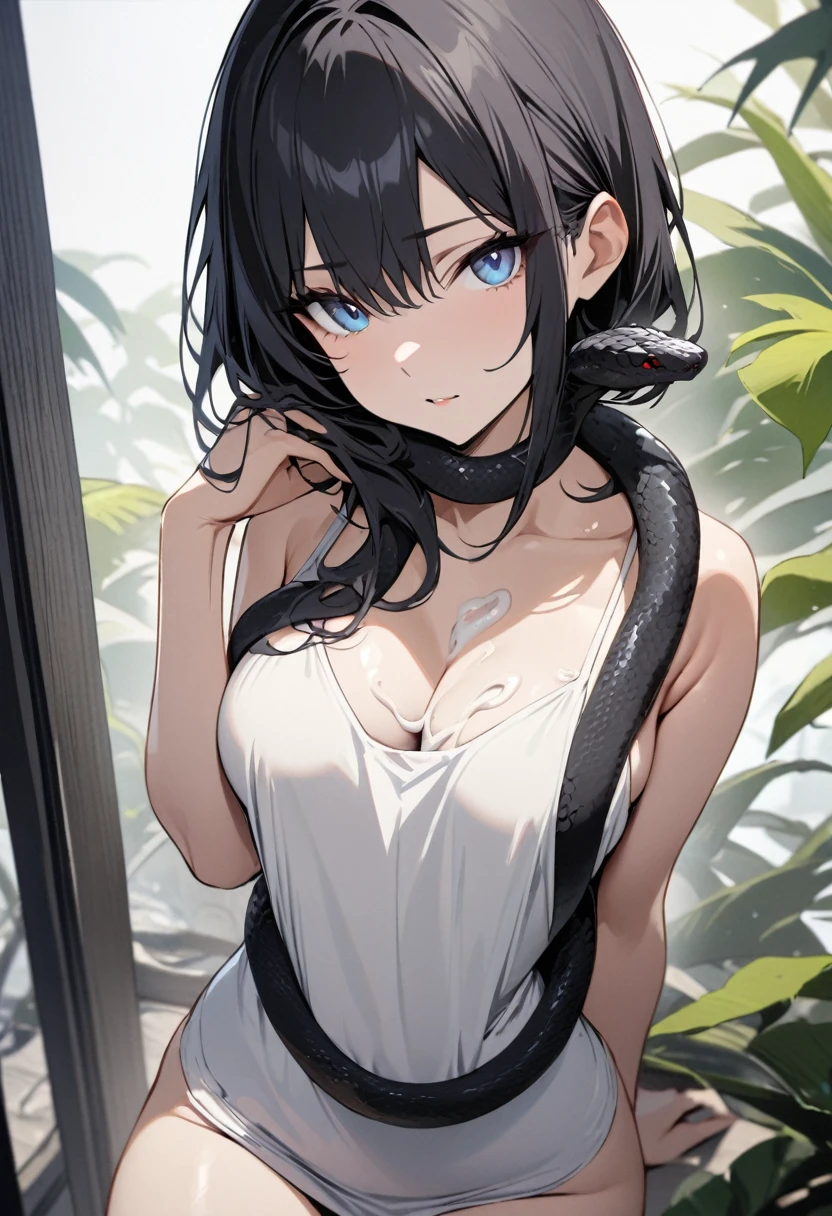 One woman, fair skin, black hair, blue eyes, black snake on the lower half of her body, white kosode, snake, masterpiece, top quality