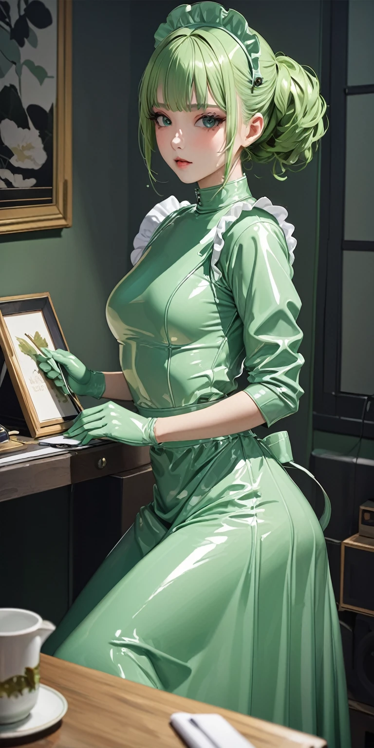Portraiture、(masterpiece,Highest quality,Ultra-high resolution),Japanese women, (((Very beautiful 25 year old girl))),(Pale green latex maid outfit)、(Pale green latex long skirt)、(A long-sleeved latex shirt that covers the upper body)、Pale green latex gloves、Pale green latex socks、Pale green latex bodysuit、Frills、Pale green latex apron that fits snugly from the chest down、Latex is very shiny、Dark Room、