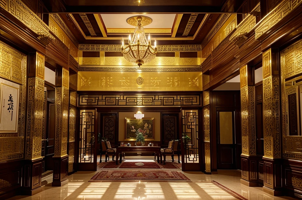 A gorgeous Chinese - style high - rise villa stands in the valley, luxurious majestic gold antique palace,