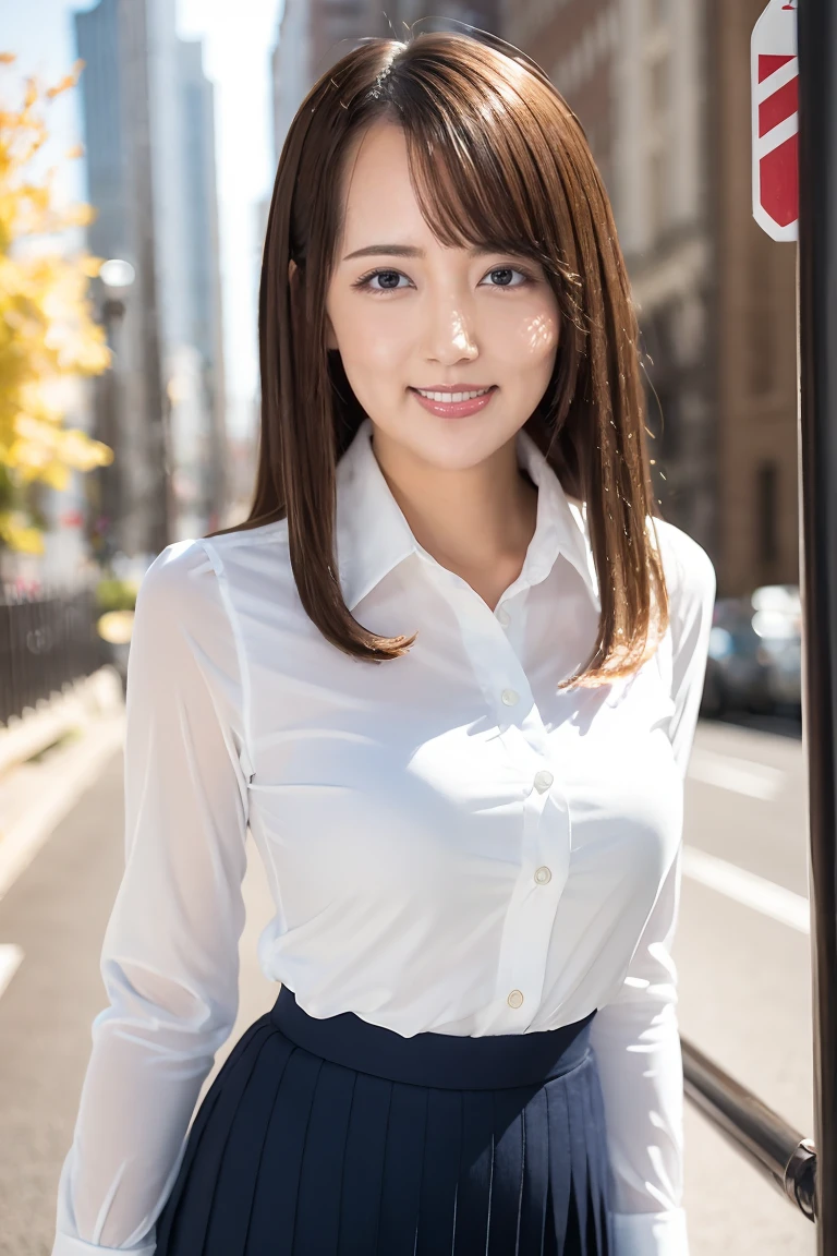(Highest quality、Tabletop、8K、Best image quality、Award-winning works)、Cute school girl、(White polyester collared shirt:1.1)、(Navy Pleated Skirt:1.1)、Girl portrait photography、Glowing Skin、Brown Hair、Standing Elegantly、(The simplest blurred city street background:1.1)、(Strongly blurred background:1.1)、(Big Breasts:1.1)、(Accentuate your body lines:1.1)、(Close-up of face:1.2)、Biggest toothy smile
