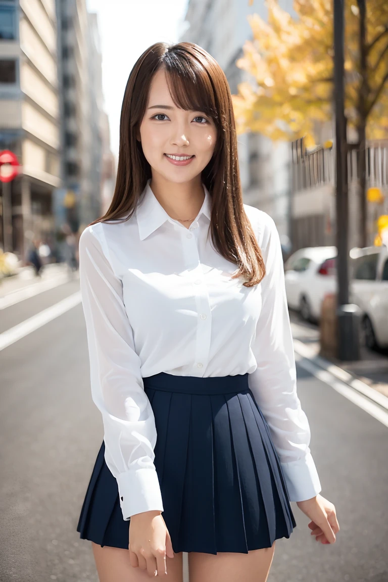 (Highest quality、Tabletop、8K、Best image quality、Award-winning works)、***e ***********、(White polyester collared shirt:1.1)、(Navy Pleated Skirt:1.1)、Girl portrait photography、Glowing Skin、Brown Hair、Standing Elegantly、(The simplest blurred city street background:1.1)、(Strongly blurred background:1.1)、(Big Breasts:1.1)、(Accentuate your body lines:1.1)、(Close-up of face:1.2)、Biggest toothy smile