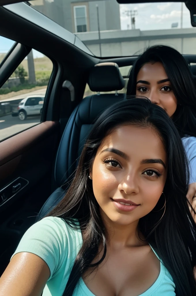 Selfie, in the car, Latina, black hair, nice glow  