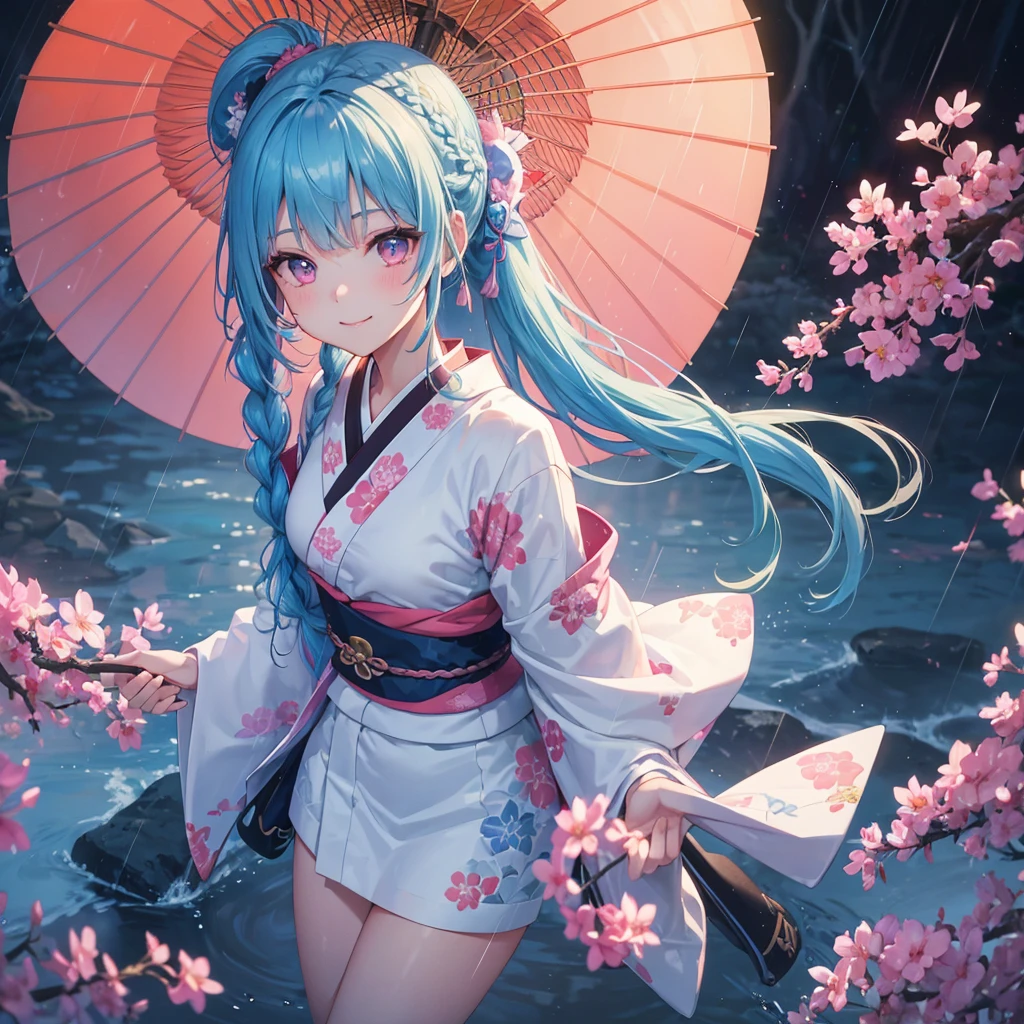 sky Blue hair, (braided ponytail),(pink eyes),fair skin ,(full body),(1 girl),smile,Straight Bangs,(masterpiece, best quality, ultra-detailed, best shadow), (detailed background), (beautiful detailed face), high contrast, (best illumination, an extremely delicate and beautiful), ((cinematic light)), colorful, hyper detail, dramatic light, intricate details,rain shower,kyoto,Japanese Umbrella,kimono,