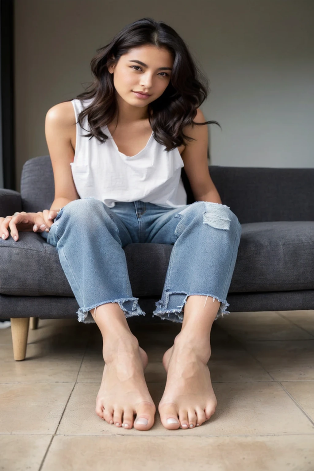 arafed woman Sitting on the couch with her bare feet, Sitting on the couch, Sitting on the couch, Wearing jeans, Sitting on the couch, Sit on the sofa, Sitting on the couch, Relax on the sofa, sitting in the lounge, シャツとWearing jeans, Woman sitting, Jeans and a T-shirt, Sitting on the bed