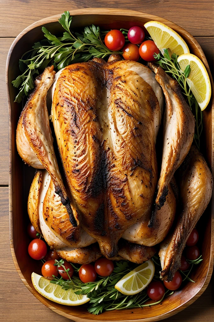 Wood-roasted chicken ad that is vibrantly colored and realistic