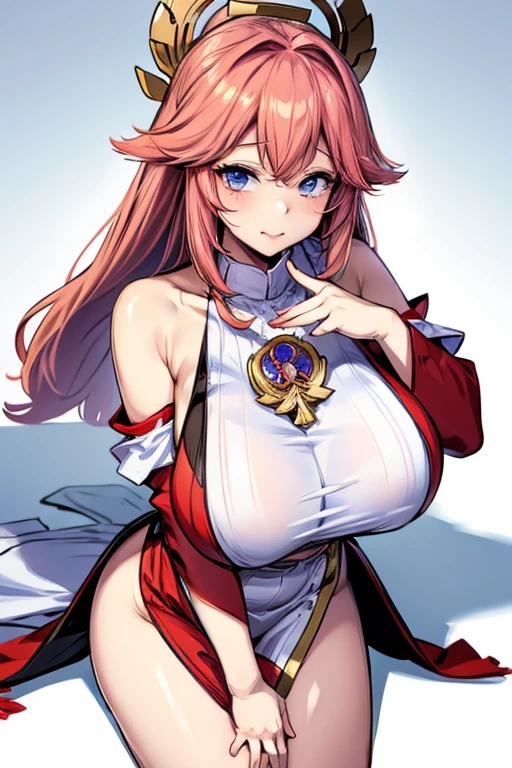 Yaya Miko in a revealing outfit with a huge cleavage and huge breasts looks like a whore anime art