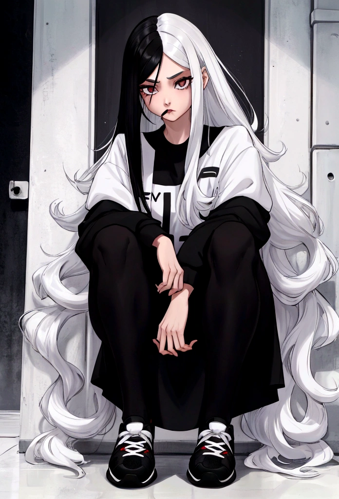 Age 22, white skin girl, almost speaks, Bblack hair, extremely long hair, Cramped, black pantyhose, black sneakers, Bblack hair, hair between the eyes, White hair, cloused mouth, range, cabelo bagunçado saia formal Bblack hair grande extremely long hair olhos cinzas