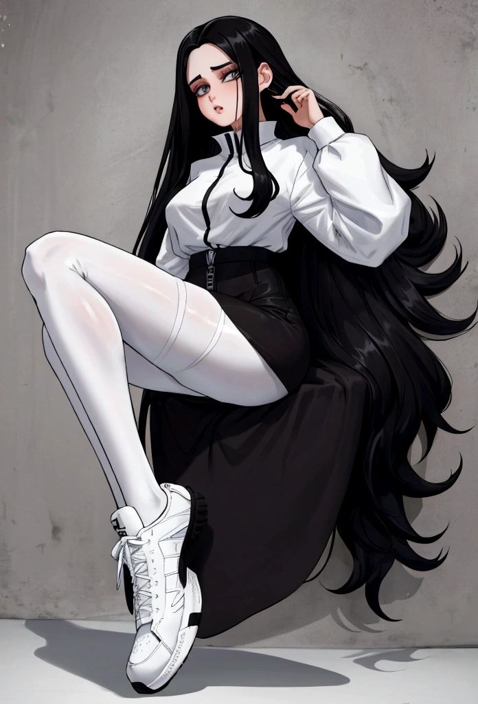 Age 22, White skin girl, almost speaks, Bblack hair, extremely long hair, Cramped, black pantyhose, black sneakers, Bblack hair, hair between the eyes, White hair, cloused mouth, range, cabelo bagunçado saia formal Bblack hair grande extremely long hair olhos cinzas1