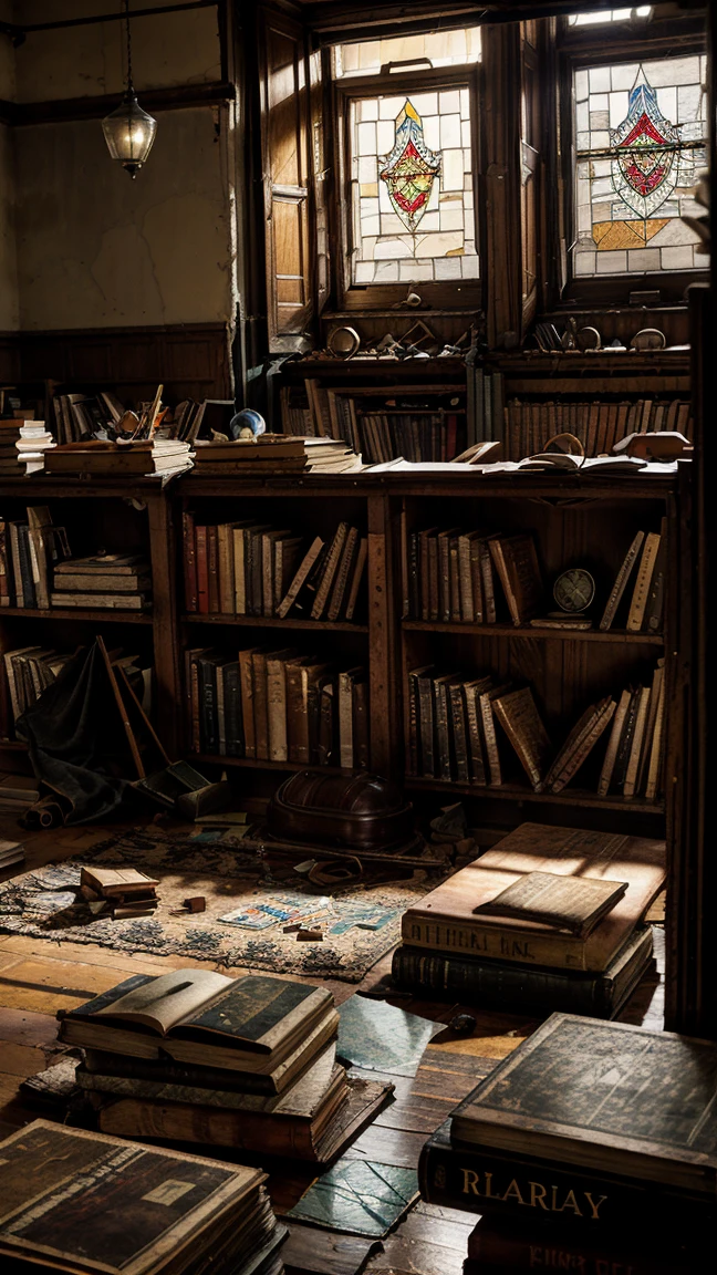 Collapsed library, wooden shelves filled with old and dusty books, many of them fallen and with pages torn out, a large desk with a broken lamp, worn wood panel walls, an old and dirty rug covering the floor, windows with broken stained glass