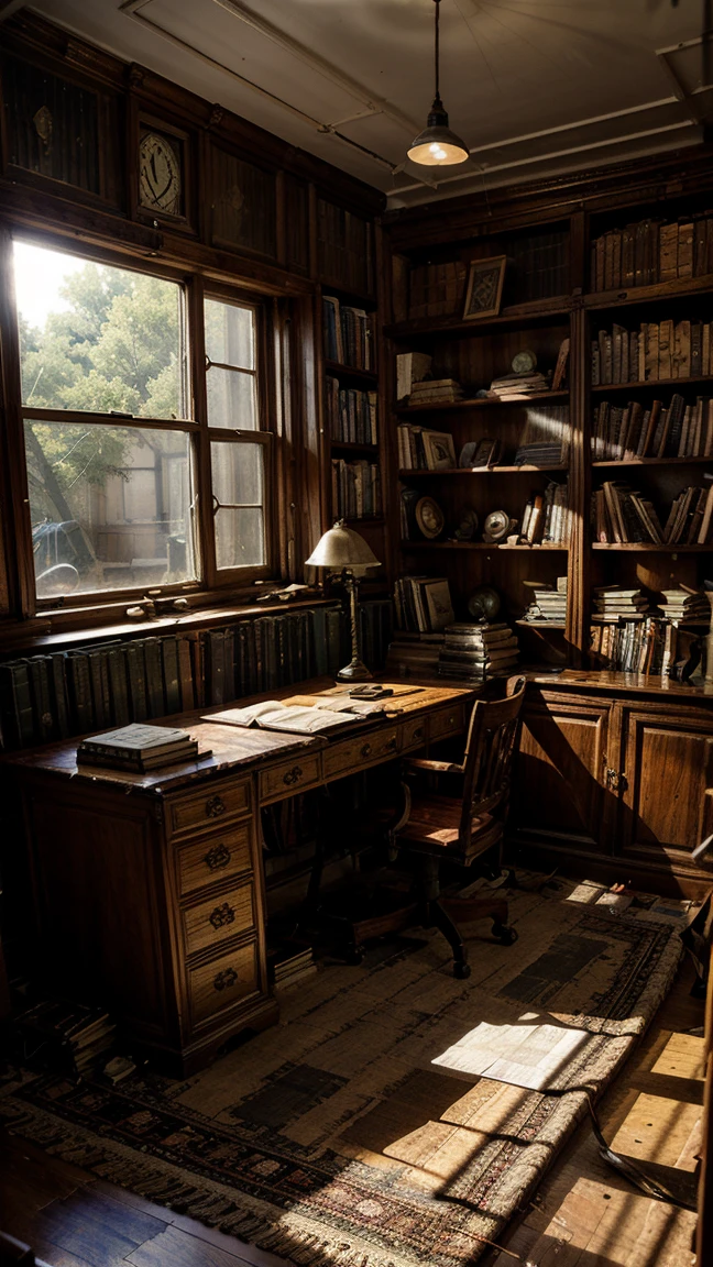 Collapsed library, wooden shelves filled with old and dusty books, many of them fallen and with pages torn out, a large desk with a broken lamp, worn wood panel walls, an old and dirty rug covering the floor, windows with broken stained glass