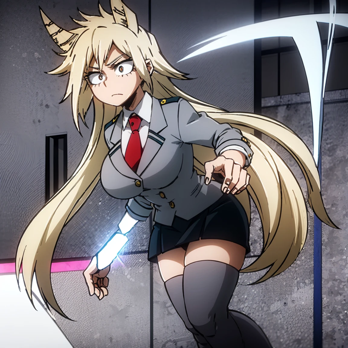 1girl, female focus, solo, big breasts, long hair, spiky hair, blonde hair, blue eyes, gray jacket, red tie, white shirt, teal skirt, gray tights, boots,  beautiful