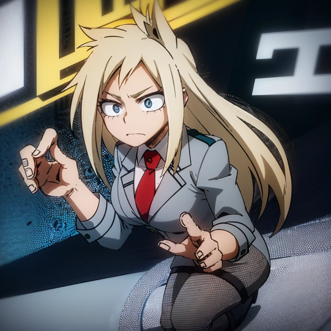 1girl, female focus, solo, big breasts, long hair, spiky hair, blonde hair, blue eyes, gray jacket, red tie, white shirt, teal skirt, gray tights, boots,  beautiful