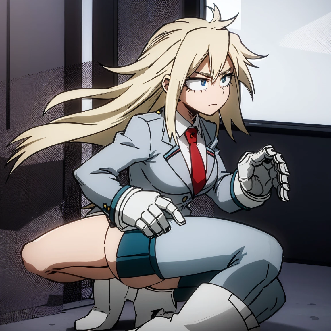 1girl, female focus, solo, big breasts, long hair, spiky hair, blonde hair, blue eyes, gray jacket, red tie, white shirt, teal skirt, gray tights, boots,  beautiful