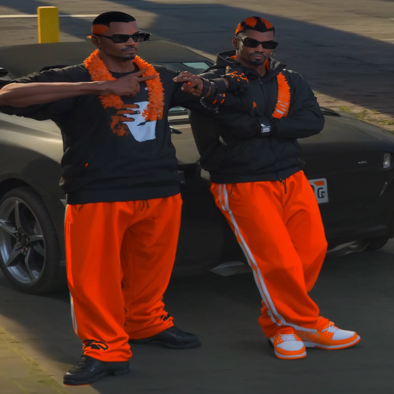 two men in orange pants and black shirts standing next to a car, orange gi, orange and black, 2 k, 2k, orange racing stripes, thugs, fluffy orange skin, ingame image, not cropped, black and orange, wearing a track suit, orange skin, hyperdetailed!!!, wearing a tracksuit, saints row fursuit tails mod