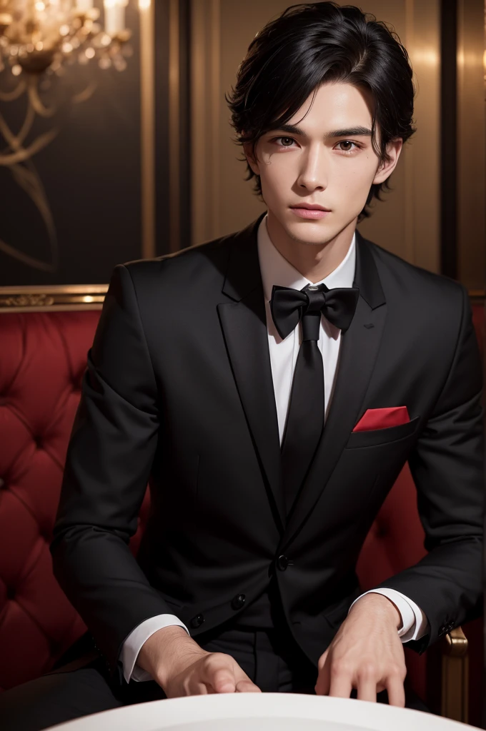 high quality 8k, everything is very detailed, Perfection (one men) young-looking 24-year-old, skin fair, black hair, red particularity eyes, a serious facial expression. Dress in a black suit, posing sideways, in a fancy restaurant.