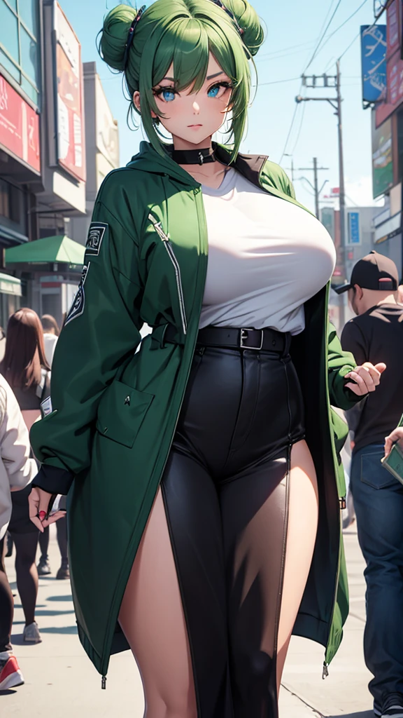 Young female, curvy body, DDD size breasts, dark green hair in two buns, light blue eyes, beautiful, vertical labret piercing, wearing Korean street style clothes. 