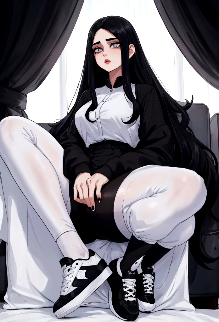 Age 22, white skin girl, almost speaks, Bblack hair, extremely long hair, Cramped, black pantyhose, black sneakers, Bblack hair, hair between the eyes, White hair, cloused mouth, range, cabelo bagunçado saia formal Bblack hair grande extremely long hair olhos cinzas