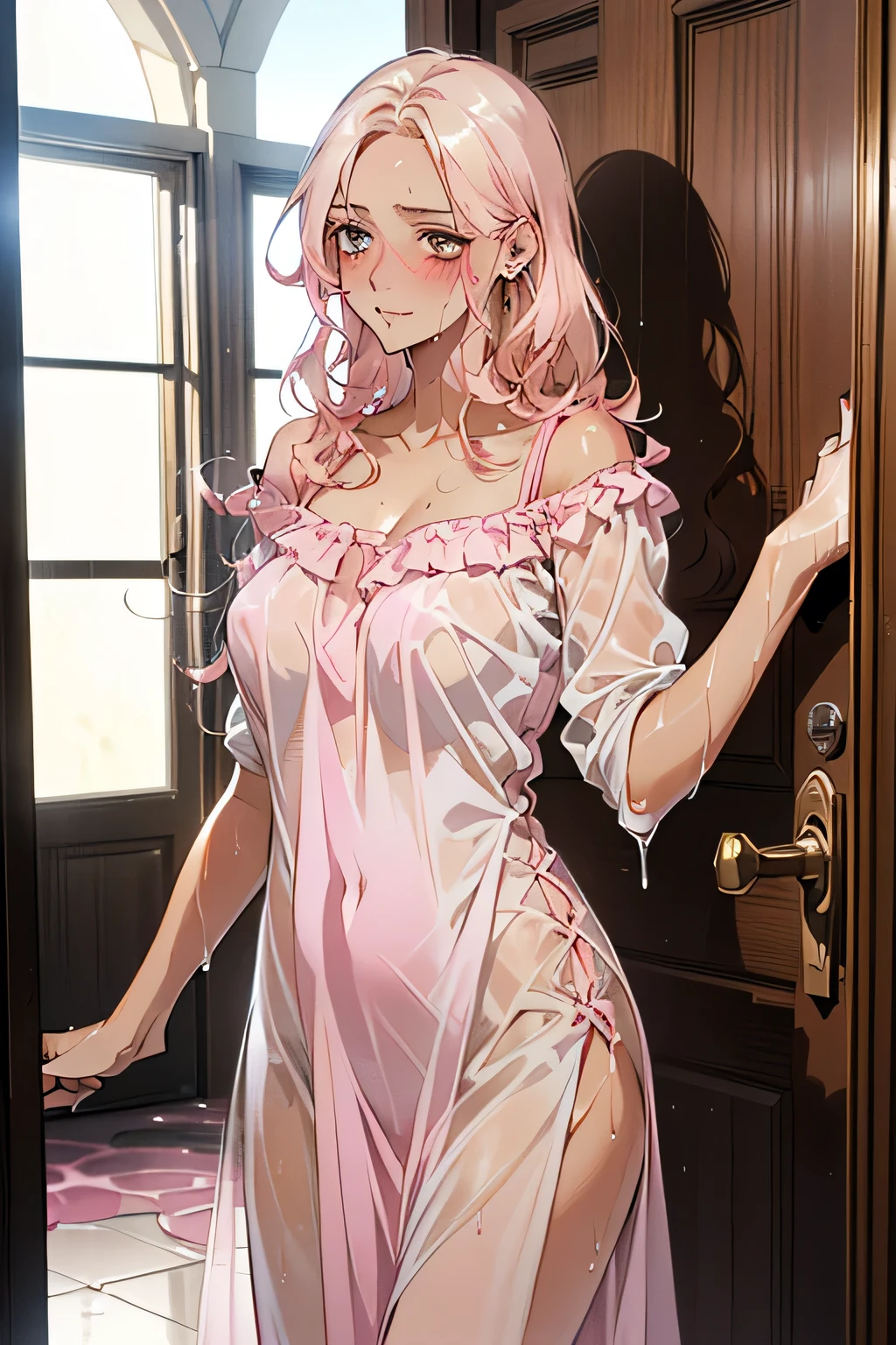 ((Blonde)),((Embrrassed:1.2)),((blush:1.1)),((Brown Skin:1.5)),Soaking wet,((she is wearing only a soaking wet pink seethrough casual dress:1.5)),The background is the front door of the house,Floors that are wet with little water.