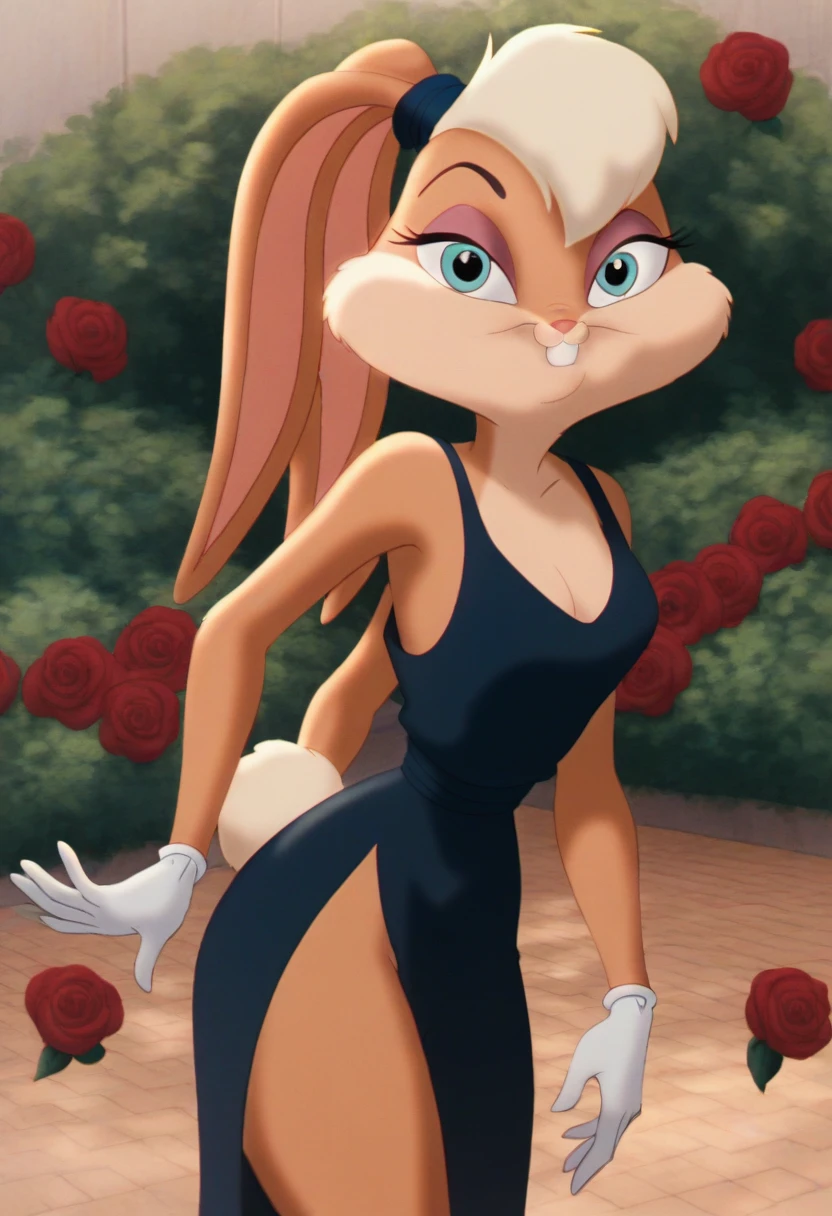 lolabunny, 1girl, solo, furry female, rabbit ears, rabbit girl, animal nose,white gloves, blue eyes, body fur, standing, tail, buck teeth,cowboy shot,smile,looking at viewer, rose garden, score_9, score_8_up, score_7_up, score_6_up, score_5_up, score_4_up , sexy black gown