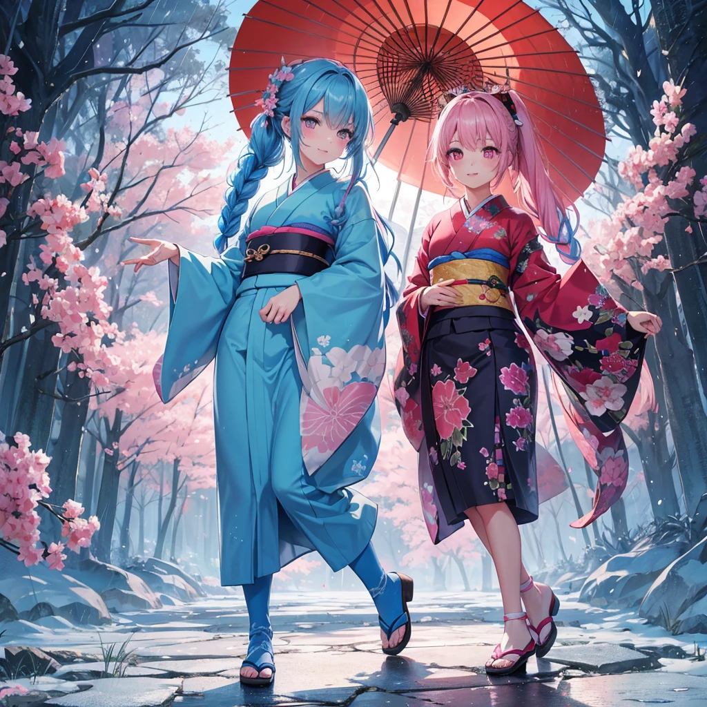 sky Blue hair, (braided ponytail),(pink eyes),fair skin ,(full body),(1 girl),smile,Straight Bangs,(masterpiece, best quality, ultra-detailed, best shadow), (detailed background), (beautiful detailed face), high contrast, (best illumination, an extremely delicate and beautiful), ((cinematic light)), colorful, hyper detail, dramatic light, intricate details,rain shower,kyoto,Japanese Umbrella,kimono,