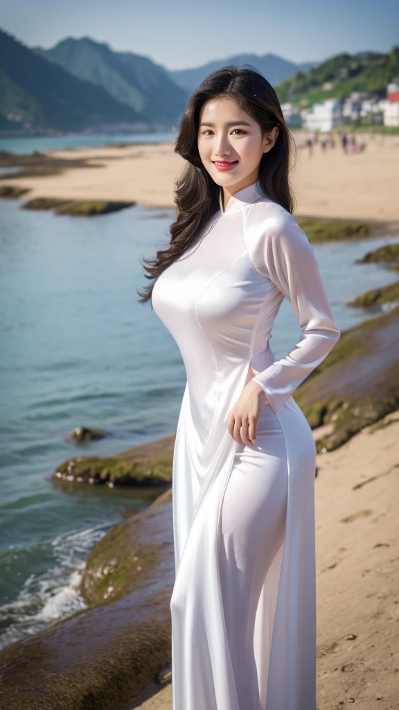 detailed body, attractive body, perfect human body, realistic face,
(ultimate quality, masterpiece, highres:1.0), realistic:1.6, photorealistic,
[8k UHD photos, UHD high quality photos, Super detailed and super clear images],
Close-up of a Vietnamese girl with a beautiful face and balanced body, leggy, round face, big round eyes, Charming smile, Red lips, long curly eyelashes, big dimples, pointed chin, plump face, Her face resembles Liu Yifei, Tall and plump figure,
wearing a bright and white shiny satin silk ao dai, standing beside the beach, pose sexy,
Satin silk ao dai,