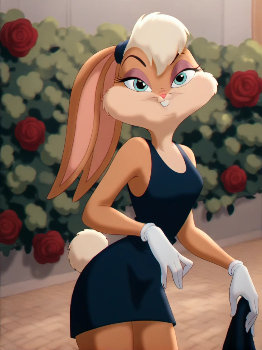 lolabunny, 1girl, solo, furry female, rabbit ears, rabbit girl, animal nose,white gloves, blue eyes, body fur, standing, tail, buck teeth,cowboy shot,smile,looking at viewer, rose garden, score_9, score_8_up, score_7_up, score_6_up, score_5_up, score_4_up , sexy black gown