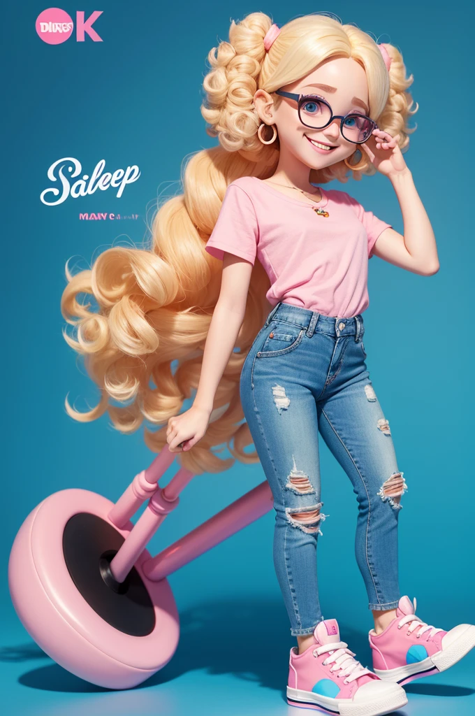Fun mind character, disney pixar style, 3d, very tiny, with blonde curly hair, pink blouse,jeans, black sneakers, with happy face, light blue skin, square glasses, White background, 8 k quality."
