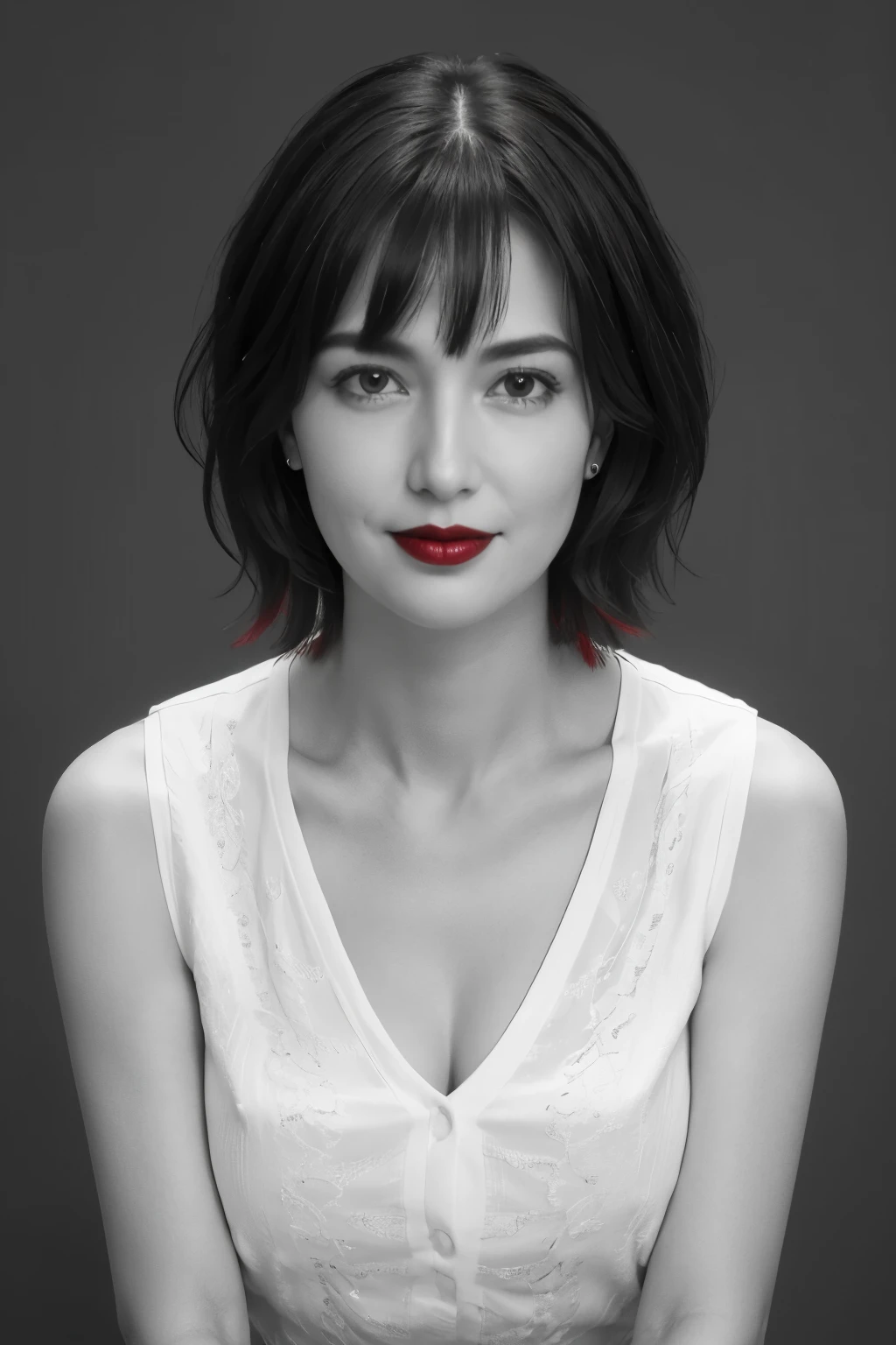 Tabletop, Highest quality, Realistic, Very detailed, finely, High resolution, 8k wallpaper, RAW Photos, Professional, High level of detail, 1 Girl, (((Black and white photography))), (((Red lips))), ((Looking into the camera)), (Stand straight facing the front), Plain background, Upper Body, short hair, Bob Hair, (Straight hair), Shapely breasts, Cleavage, (Sleeveless shirt)