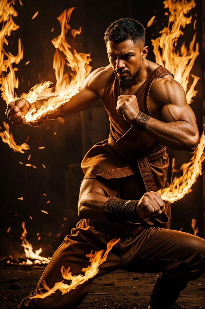 extremely detailed face, muscular body, intense expression, fighter in action, dynamic pose, intense light, sweat dripping, dramatic shadows, dark background, high contrast, powerful punch, martial arts style, martial arts clothing, determination, strength and power, fire effects, energy aura, professional digital illustration, vibrant colors, cinematic feel, masterful brushwork, realistic shading, epic atmosphere. (best quality, HDR, ultra-detailed, realistic: 1.37), (digital art), (portraits), (high contrast), (intense lighting), (strong colors), (dynamic pose), (fire effects), (action).