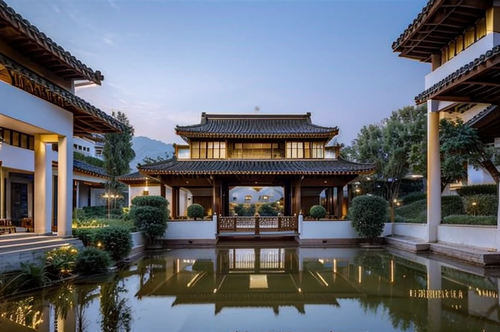 A gorgeous Chinese - style high - rise villa stands in the valley, luxurious majestic gold antique palace, 