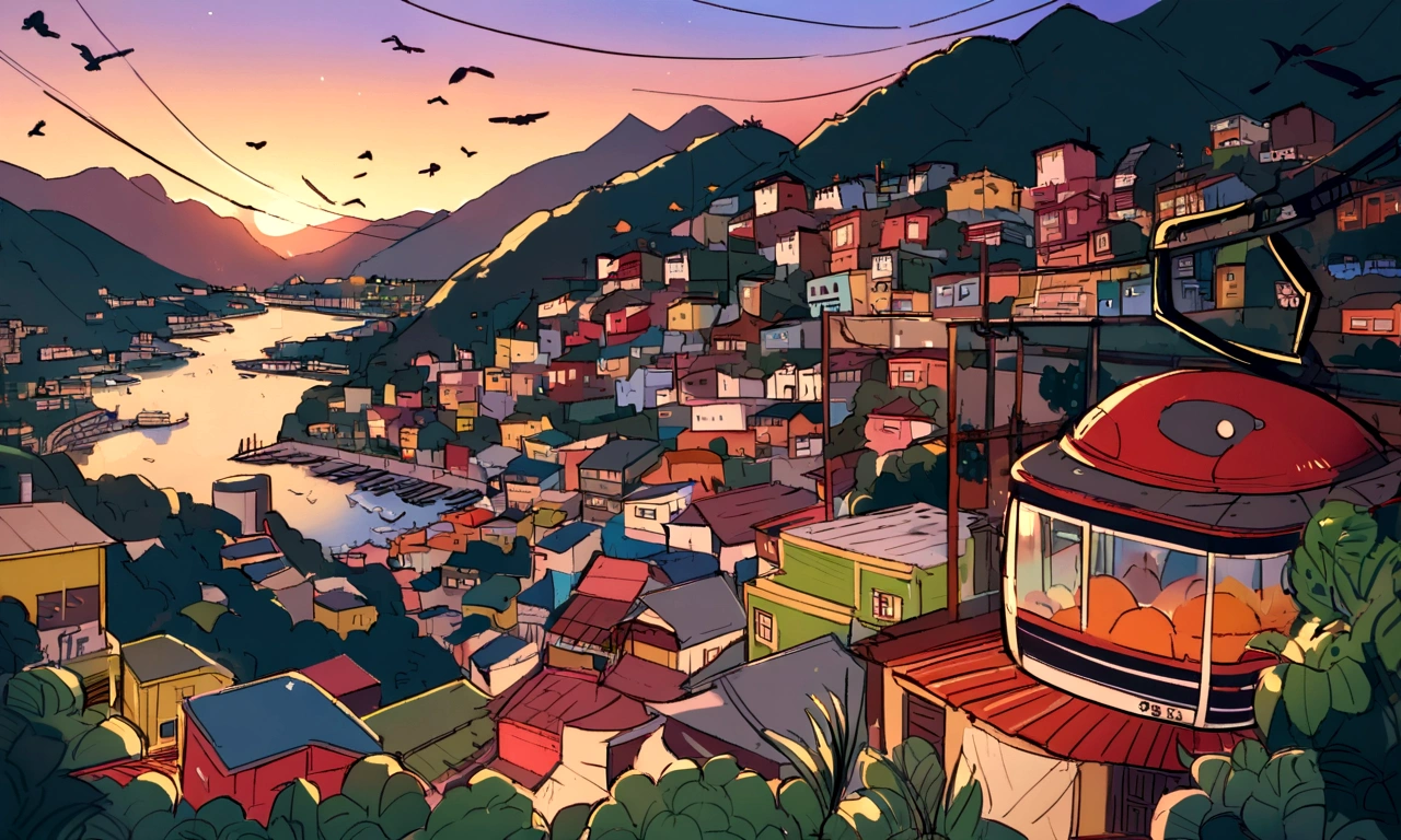 beach, sunset, favelas, rio de janeiro, brazil, cable car between the mountains, samba mountains, birds in the sky, house, building, relaxing