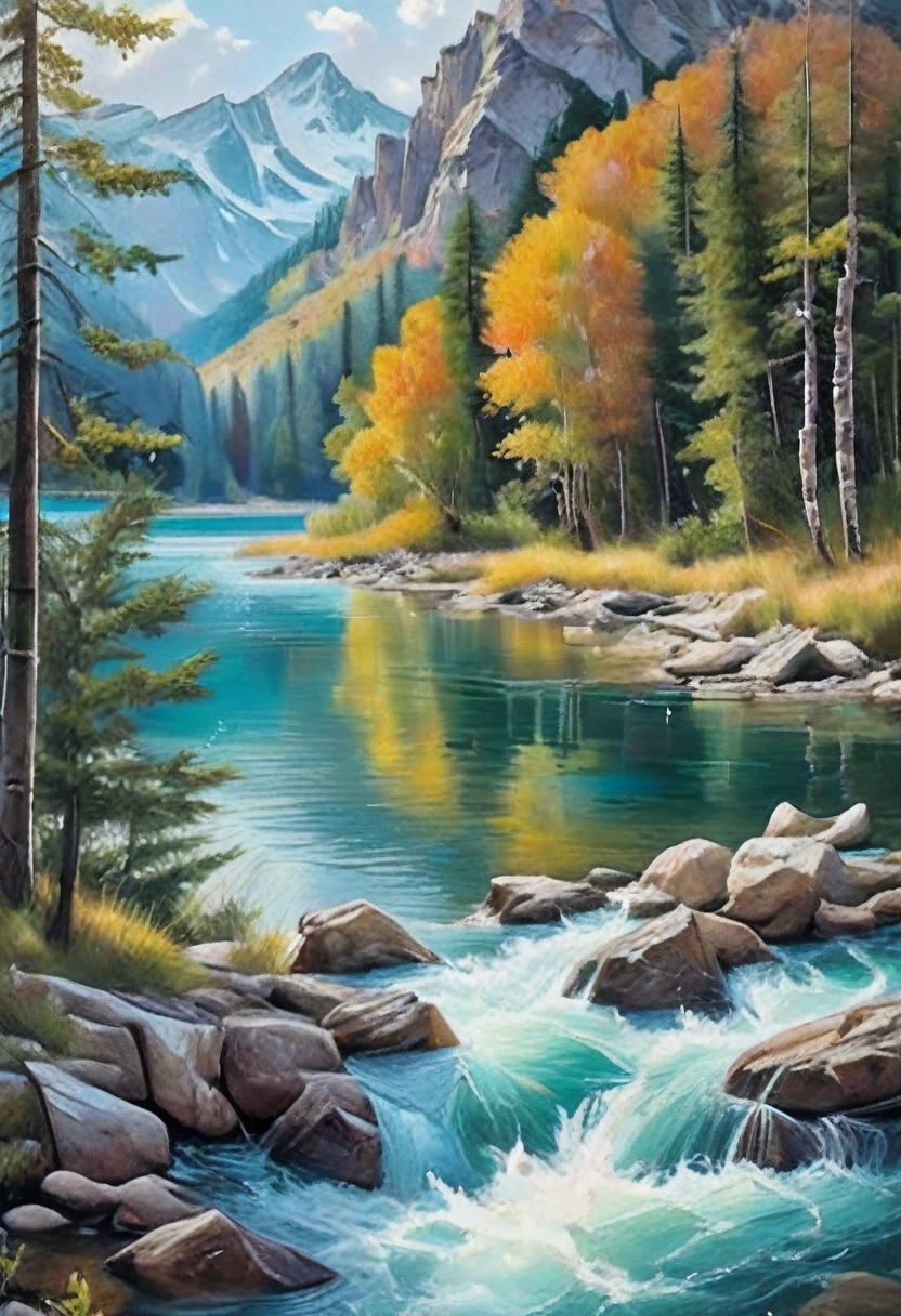 (masterpiece, top quality, Best quality, official art, beautiful and aesthetic: 1.2), Natural landscape paintings depict scenes of mountains, forests, lakes and rivers. They highlight the beauty of the natural world and showcase the unique characteristics of each landscape. These paintings typically use a natural color palette and are known for their realism.