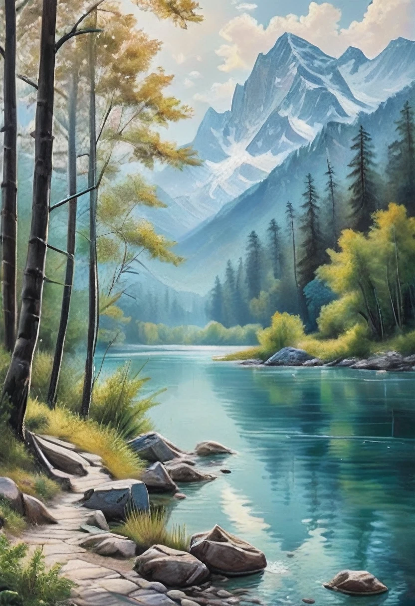 (masterpiece, top quality, Best quality, official art, beautiful and aesthetic: 1.2), Natural landscape paintings depict scenes of mountains, forests, lakes and rivers. They highlight the beauty of the natural world and showcase the unique characteristics of each landscape. These paintings typically use a natural color palette and are known for their realism.