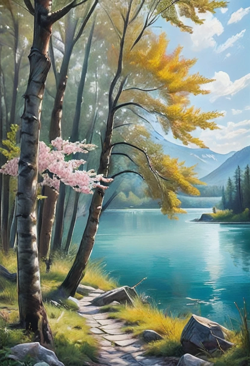 (masterpiece, top quality, Best quality, official art, beautiful and aesthetic: 1.2), Natural landscape paintings depict scenes of mountains, forests, lakes and rivers. They highlight the beauty of the natural world and showcase the unique characteristics of each landscape. These paintings typically use a natural color palette and are known for their realism.