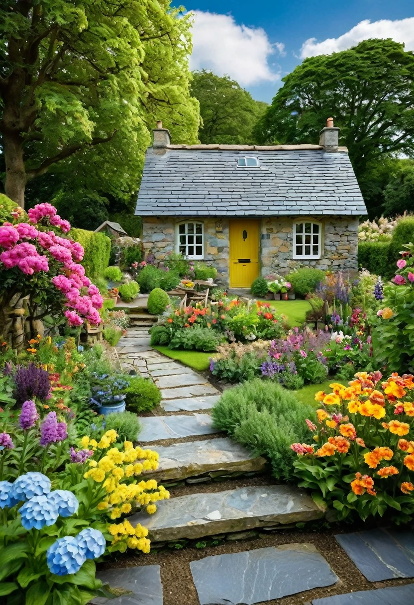 A small cottage in the middle of a garden. The cottage is made of stone and wood with a grey slate roof. It has a small porch with a bench and a flower garden in front of it. The garden is full of colorful flowers and there are trees in the background. The sky is blue with white clouds. The image has a warm and inviting atmosphere. cottage, garden, flowers, stone, wood, colorful, warm, inviting