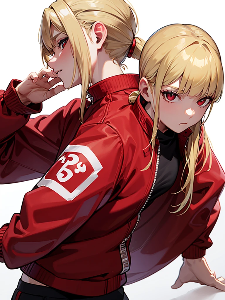 A blonde high ponytail girl wearing a red windbreaker，Wearing black clothes and fluffy pants，Red pupil，whole body，White background