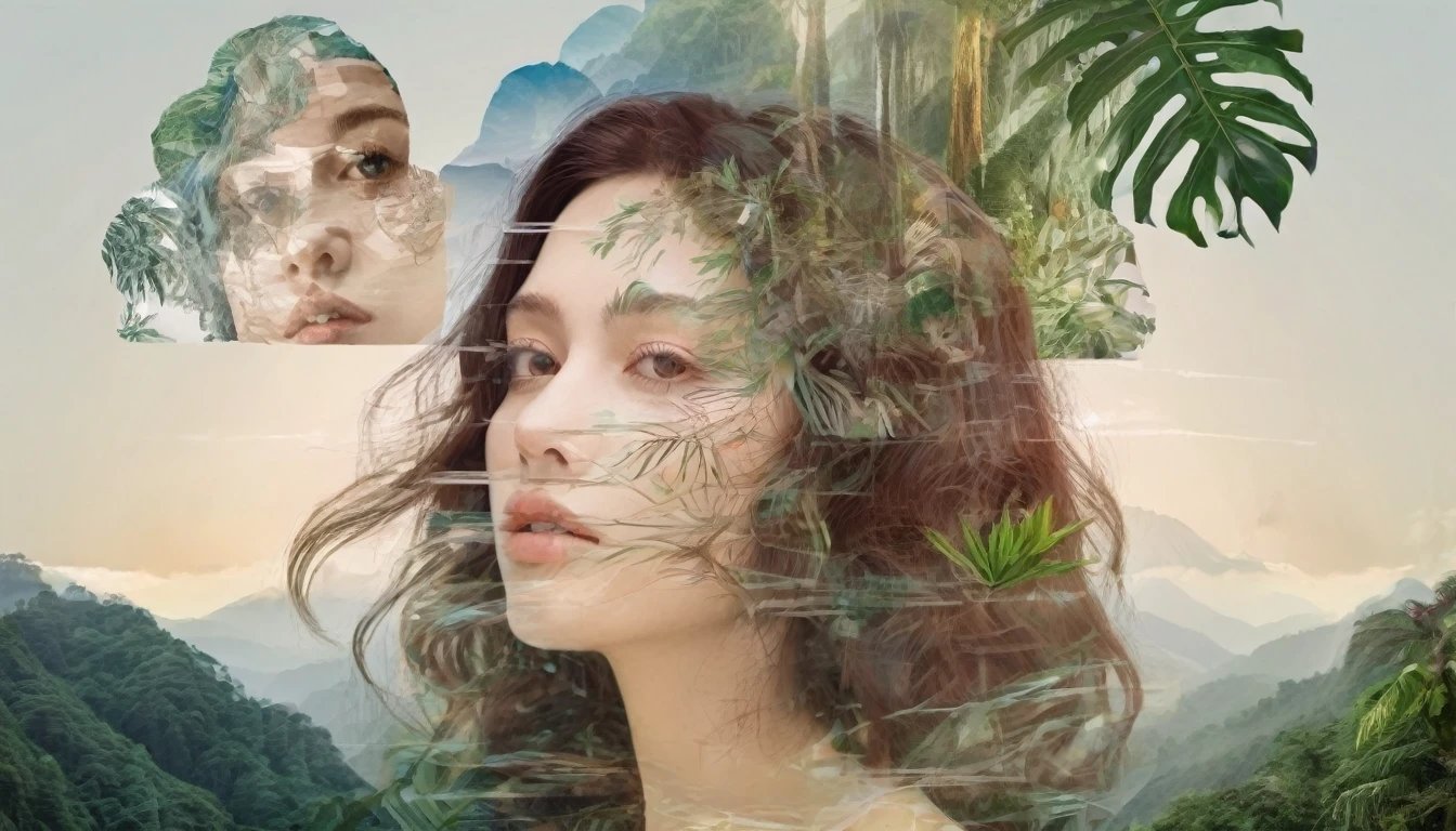 Dubrec style，Brunette woman transparent face close-up，Jungle mountains image foreground，（multiple exposure：1.8），Complex illustrations in surrealist art style，Surreal dreams, by Leonardo da Vinci
