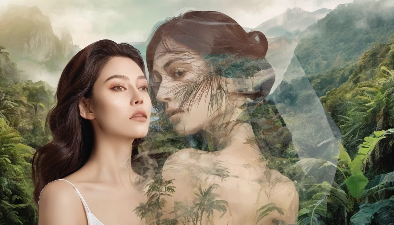 Dubrec style，Brunette woman  face close-up，Jungle mountains image foreground，（multiple exposure：1.8），Complex illustrations in surrealist art style，Surreal dreams, by Leonardo da Vinci