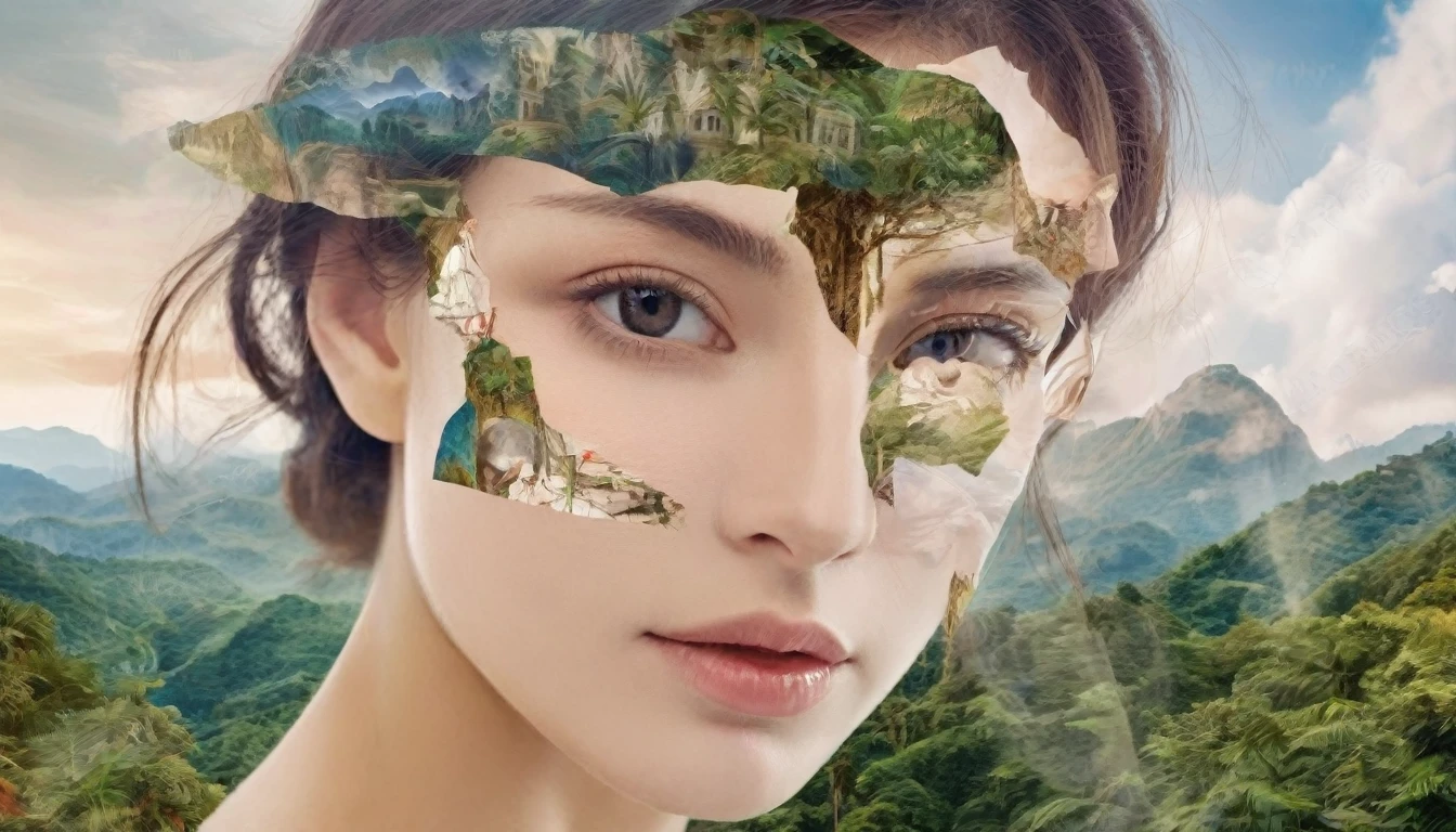 Dubrec style，Brunette woman transparent face close-up，Jungle mountains image foreground，（multiple exposure：1.8），Complex illustrations in surrealist art style，Surreal dreams, by Leonardo da Vinci