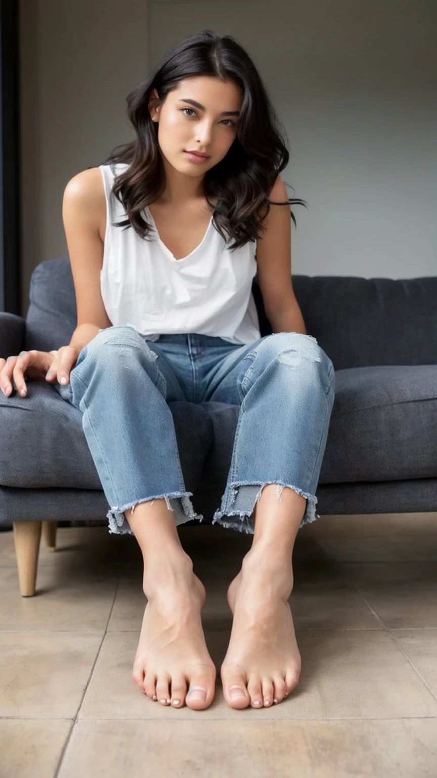 arafed woman Sitting on the couch with her bare feet, Sitting on the couch, Sitting on the couch, Wearing jeans, Sitting on the couch, Sit on the sofa, Sitting on the couch, Relax on the sofa, sitting in the lounge, シャツとWearing jeans, Woman sitting, Jeans and a T-shirt, Sitting on the bed
