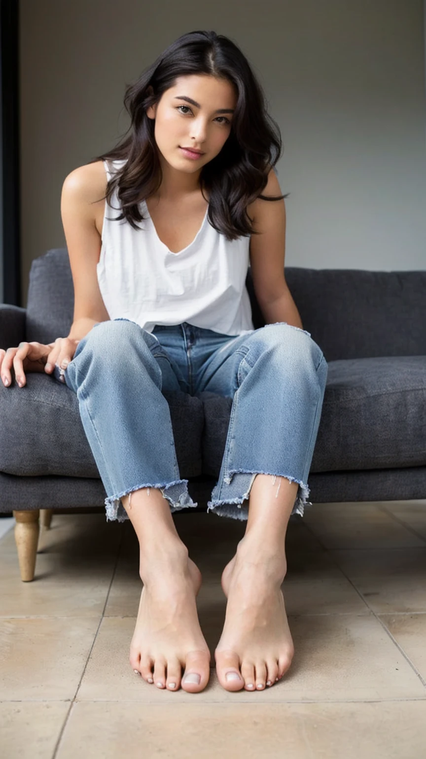 arafed woman Sitting on the couch with her bare feet, Sitting on the couch, Sitting on the couch, Wearing jeans, Sitting on the couch, Sit on the sofa, Sitting on the couch, Relax on the sofa, sitting in the lounge, シャツとWearing jeans, Woman sitting, Jeans and a T-shirt, Sitting on the bed