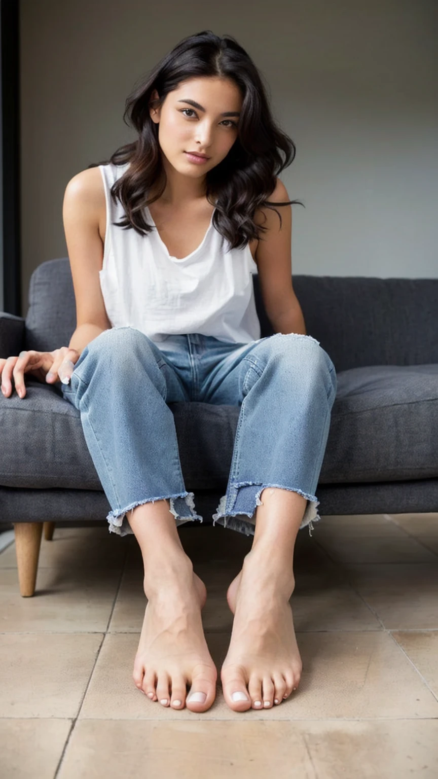 arafed woman Sitting on the couch with her bare feet, Sitting on the couch, Sitting on the couch, Wearing jeans, Sitting on the couch, Sit on the sofa, Sitting on the couch, Relax on the sofa, sitting in the lounge, シャツとWearing jeans, Woman sitting, Jeans and a T-shirt, Sitting on the bed