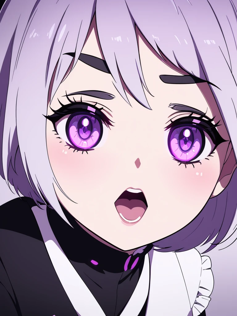,a close up of a person with purple eyes and a black and white outfit, a character portrait inspired by Puru, tumblr, process art, with glowing purple eyes, with glowing yellow eyes, anime style 4 k, ilya kuvshinov face, black anime pupils in her eyes, portrait knights of zodiac girl, best anime 4k konachan wallpaper