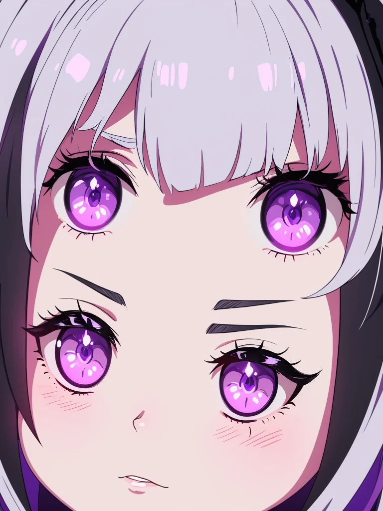loli,a close up of a person with purple eyes and a black and white outfit, a character portrait inspired by Puru, tumblr, process art, with glowing purple eyes, with glowing yellow eyes, anime style 4 k, ilya kuvshinov face, black anime pupils in her eyes, portrait knights of zodiac girl, best anime 4k konachan wallpaper