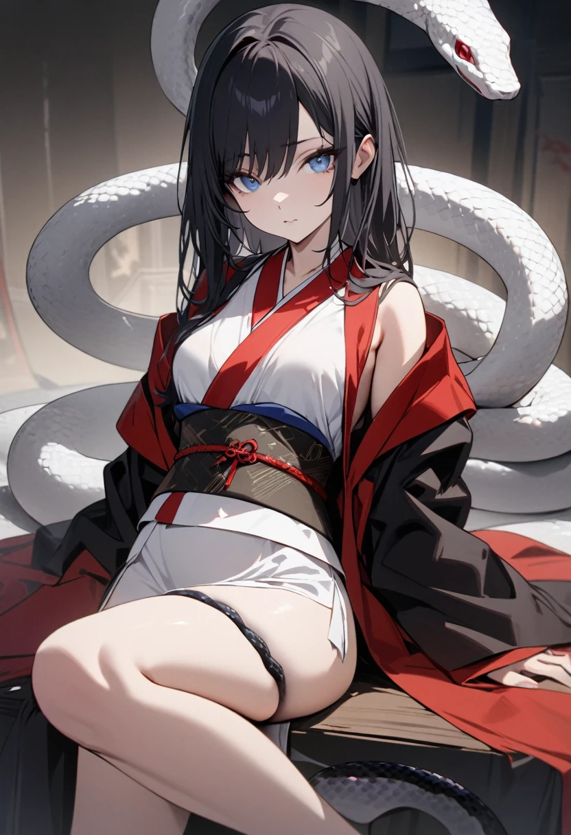 ((Finest quality)),(超A high resolution),(ultra-detailliert),(Meticulous portrayal),((Best CG)),(Finest works of art),Ultra-Precision Art,The art of astounding depiction, (White Big Snake:1.5),(1人の女性:1.5),(Clear crimson eyes:1.5),(Black straight long hair:1.5,),deadpan:1.3,(Body wrapped in a white snake:1.5),Plain white kimono:1.5, In the dense forest:1.5、Cool detailed snake face、Strong pearl light effect、Nice tail