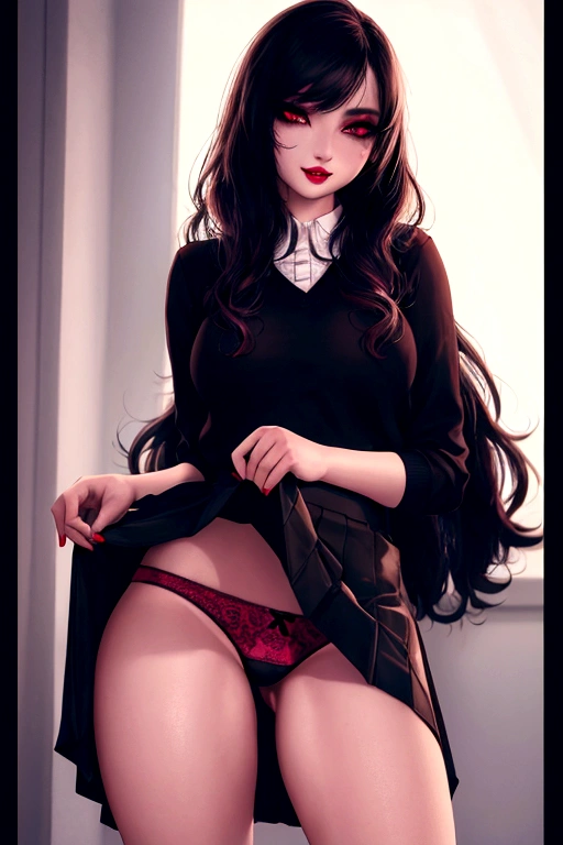 nsfw, 8K raw photo, Best quality, masterpiece, ultra high res, film grain, filmg, 1girl, looking at viewer, natural skin texture, realistic eye and face details, full lips, lipstick, (makeup), red eyeshadow, fluffy long hair, black hair, messy hair, smile, close mouth, beautiful legs, tall female, skinny, slim_legs, solo, skirt lift, looking forward, panties, standing, Shows panties