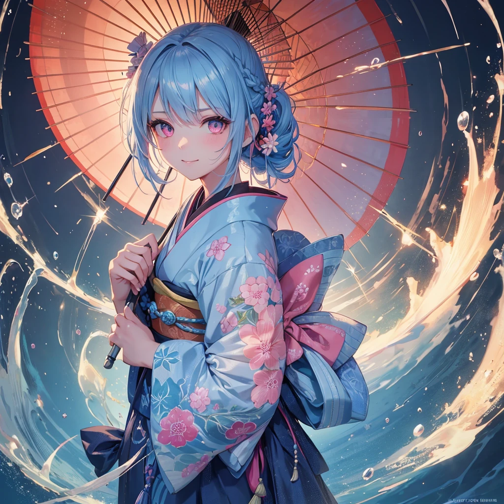 sky Blue hair, (braided ponytail),(pink eyes),fair skin ,(full body),(1 girl),smile,Straight Bangs,(masterpiece, best quality, ultra-detailed, best shadow), (detailed background), (beautiful detailed face), high contrast, (best illumination, an extremely delicate and beautiful), ((cinematic light)), colorful, hyper detail, dramatic light, intricate details,rain shower,kyoto,Japanese Umbrella,kimono,
