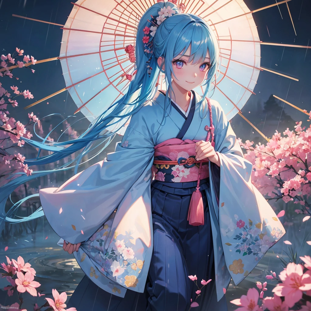 sky Blue hair, (braided ponytail),(pink eyes),fair skin ,(full body),(1 girl),smile,Straight Bangs,(masterpiece, best quality, ultra-detailed, best shadow), (detailed background), (beautiful detailed face), high contrast, (best illumination, an extremely delicate and beautiful), ((cinematic light)), colorful, hyper detail, dramatic light, intricate details,rain shower,kyoto,Japanese Umbrella,kimono,