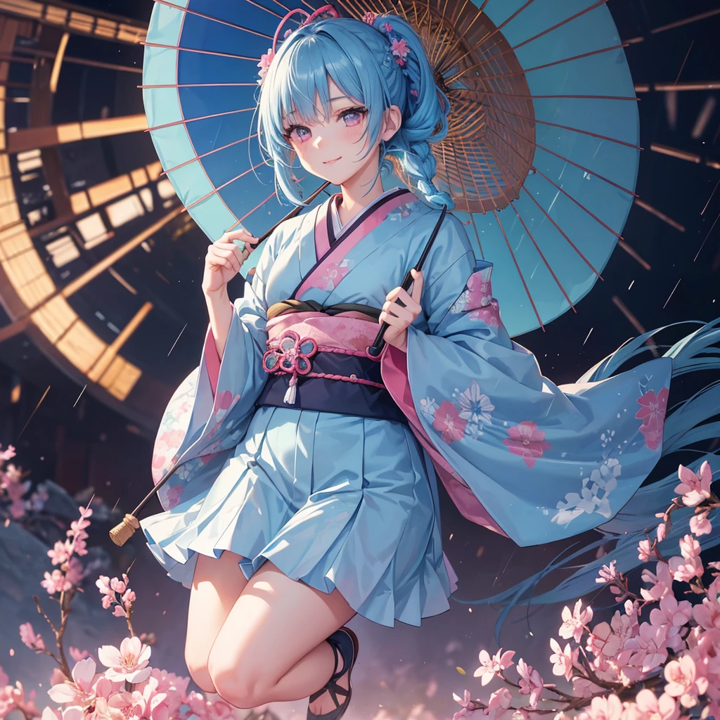 sky Blue hair, (braided ponytail),(pink eyes),fair skin ,(full body),(1 girl),smile,Straight Bangs,(masterpiece, best quality, ultra-detailed, best shadow), (detailed background), (beautiful detailed face), high contrast, (best illumination, an extremely delicate and beautiful), ((cinematic light)), colorful, hyper detail, dramatic light, intricate details,rain shower,kyoto,Japanese Umbrella,kimono,