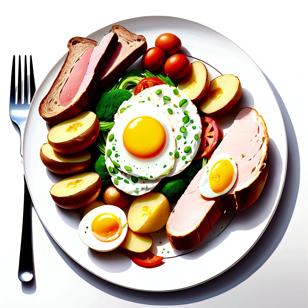 ((best quality)), ((masterpiece)), (detailed), water color style, create a picture of healthy food on a plate. The food consist of, Eggs, bread, potatoes, glass of milk, meat, chicken meat, some vegetables, against brilliant white background, 8k, high resolution, vibrant color, isolated white